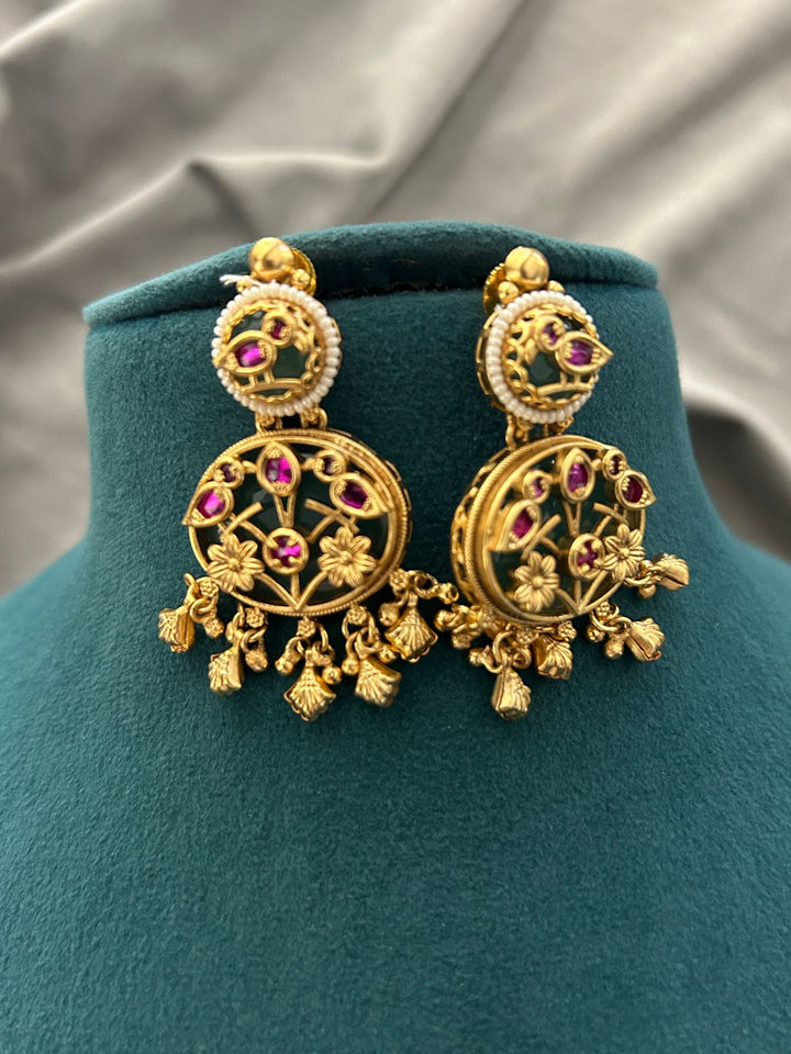 Antique Floral Kundan Necklace Set – Ruby Stone Temple Design with Gold Finish