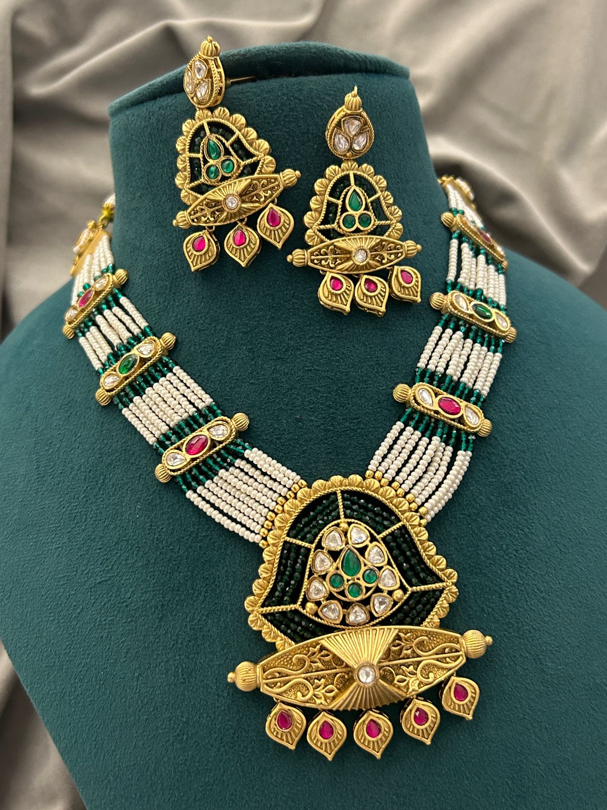 Temple Style Kundan Necklace Set – Antique Gold Finish with Pearls and Stones