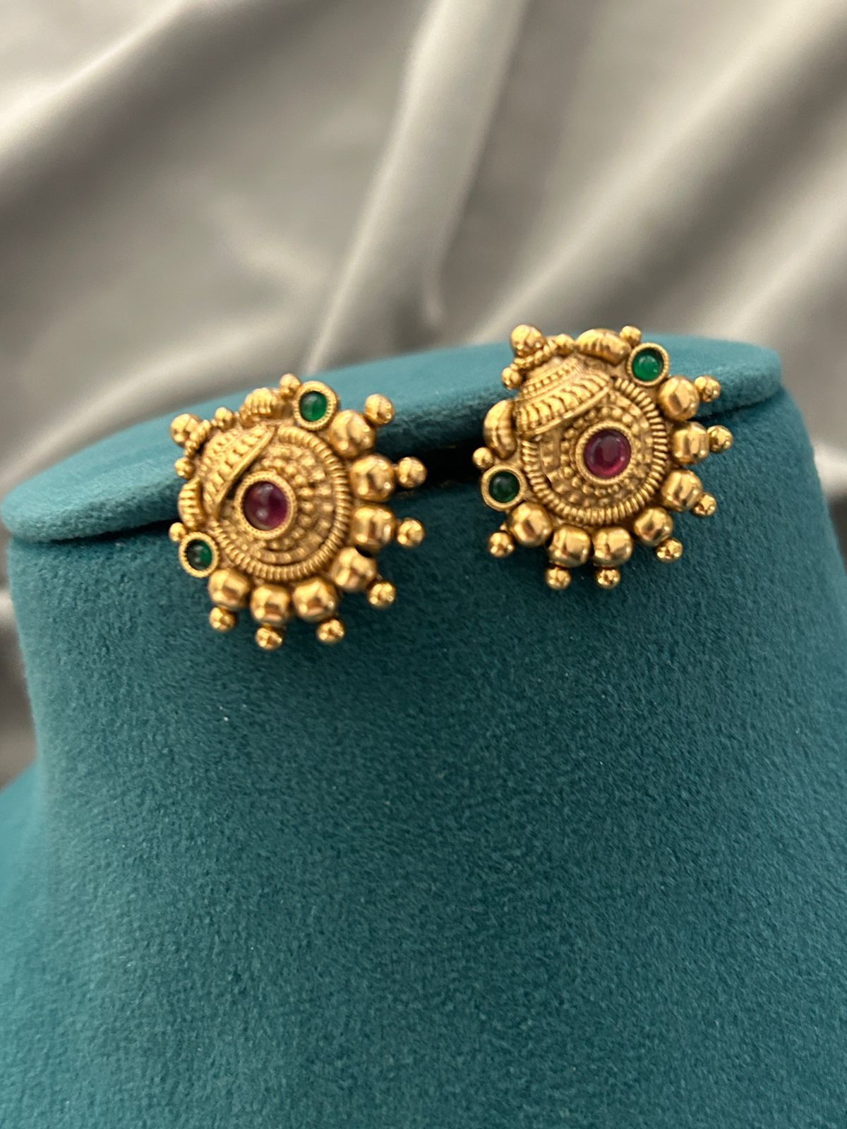 Antique Gold Temple Necklace Set – Lakshmi Pendant with Ruby & Emerald Detailing