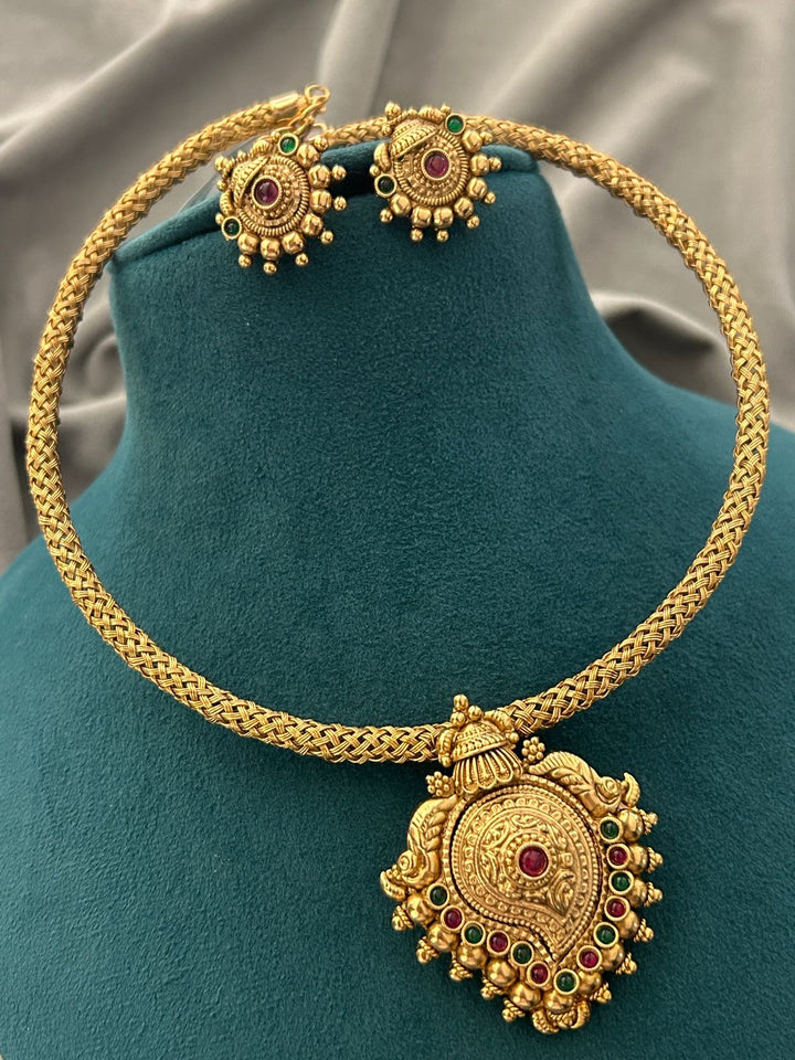 Antique Gold Temple Necklace Set – Lakshmi Pendant with Ruby & Emerald Detailing