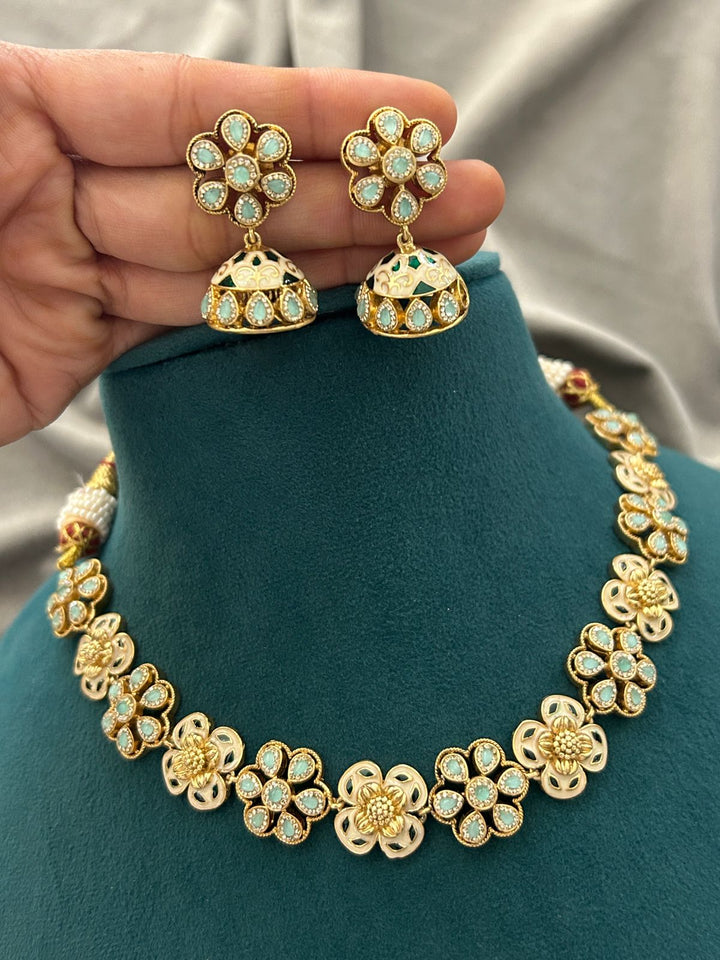 Pastel Mint Enamel Floral Necklace Set with Jhumka Earrings