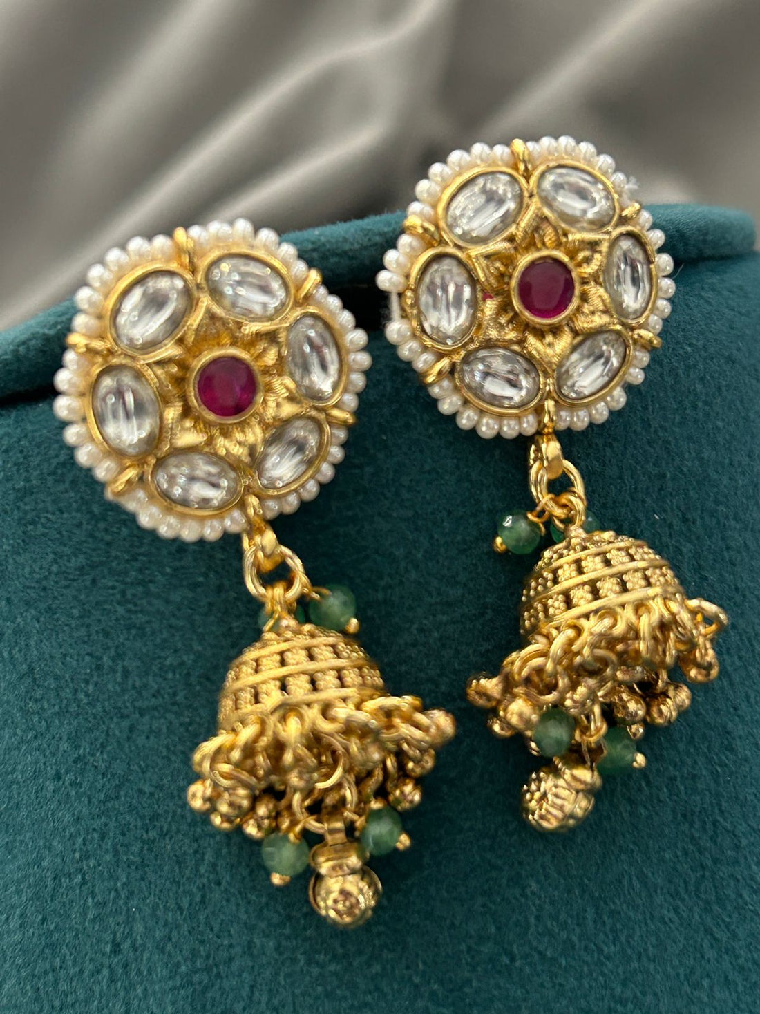 Pearl and Green Beaded Kundan Necklace Set with Jhumka Earrings