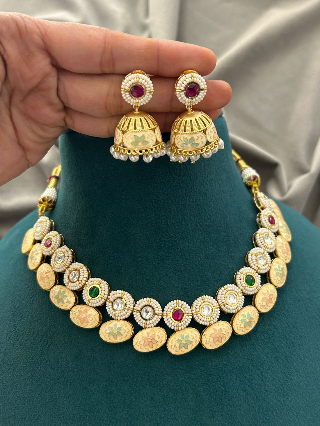 Antique Meenakari Gold Necklace Set with Jhumka Earrings