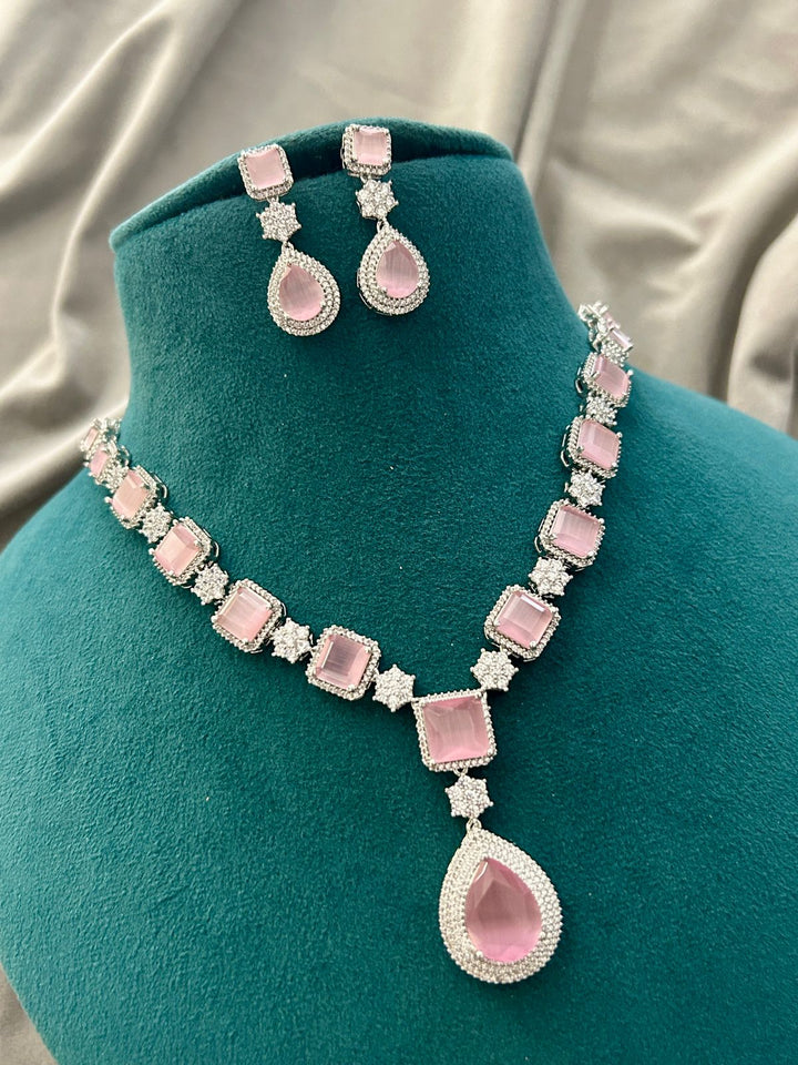 Elegant Pink Stone Diamond Look Necklace Set