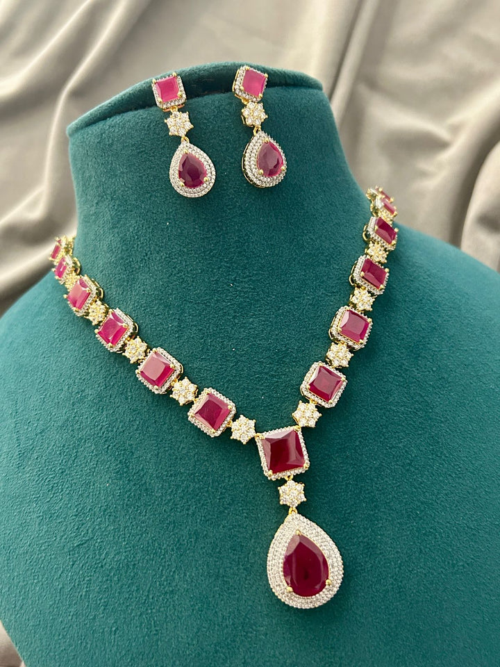 Graceful Ruby Pink Diamond Look Necklace Set