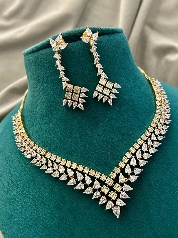 Gold Finish V-Shape Diamond Look Necklace Set