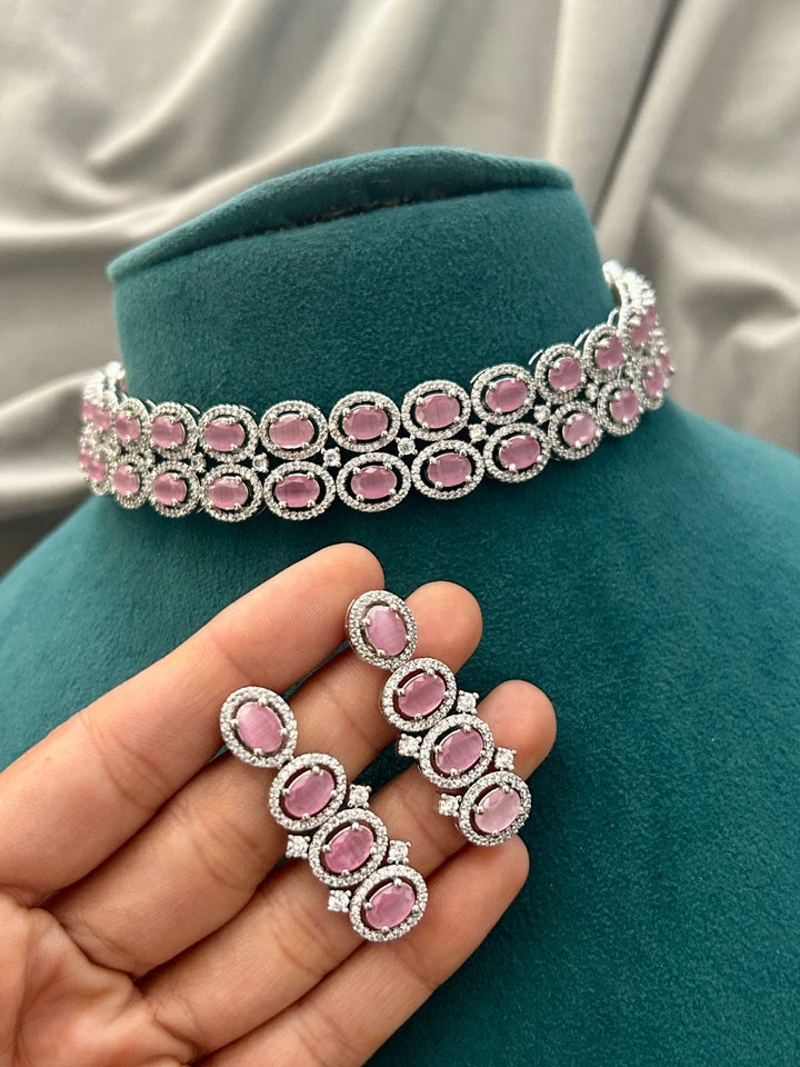 Pink Oval Diamond Look Choker Set