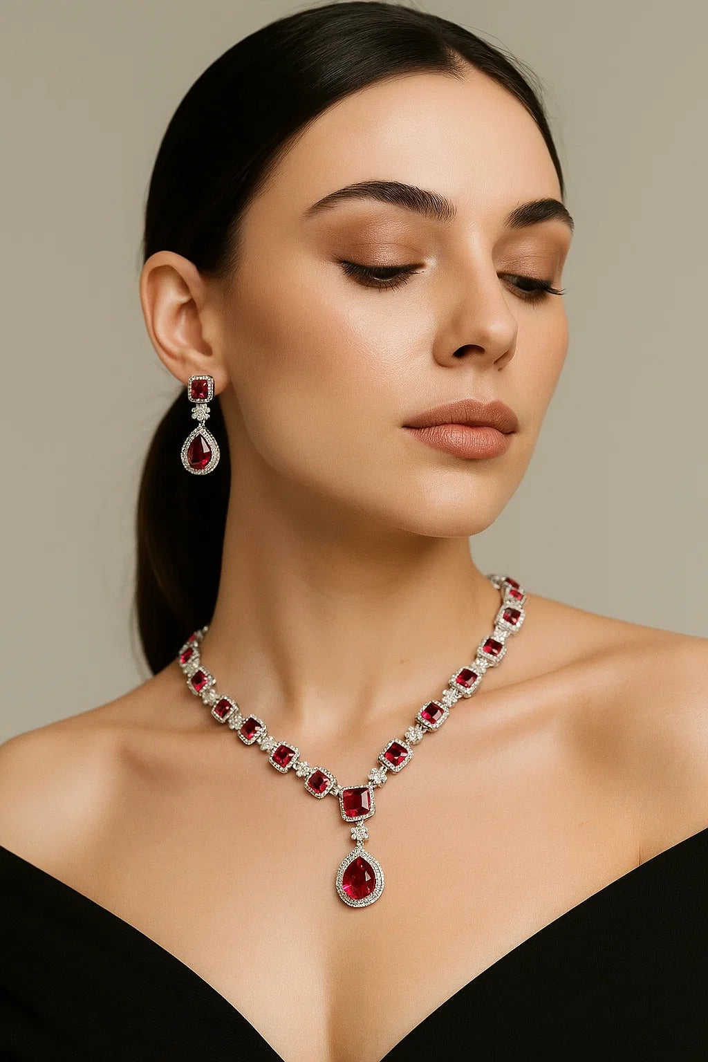 Royal Ruby Diamond Look Necklace Set