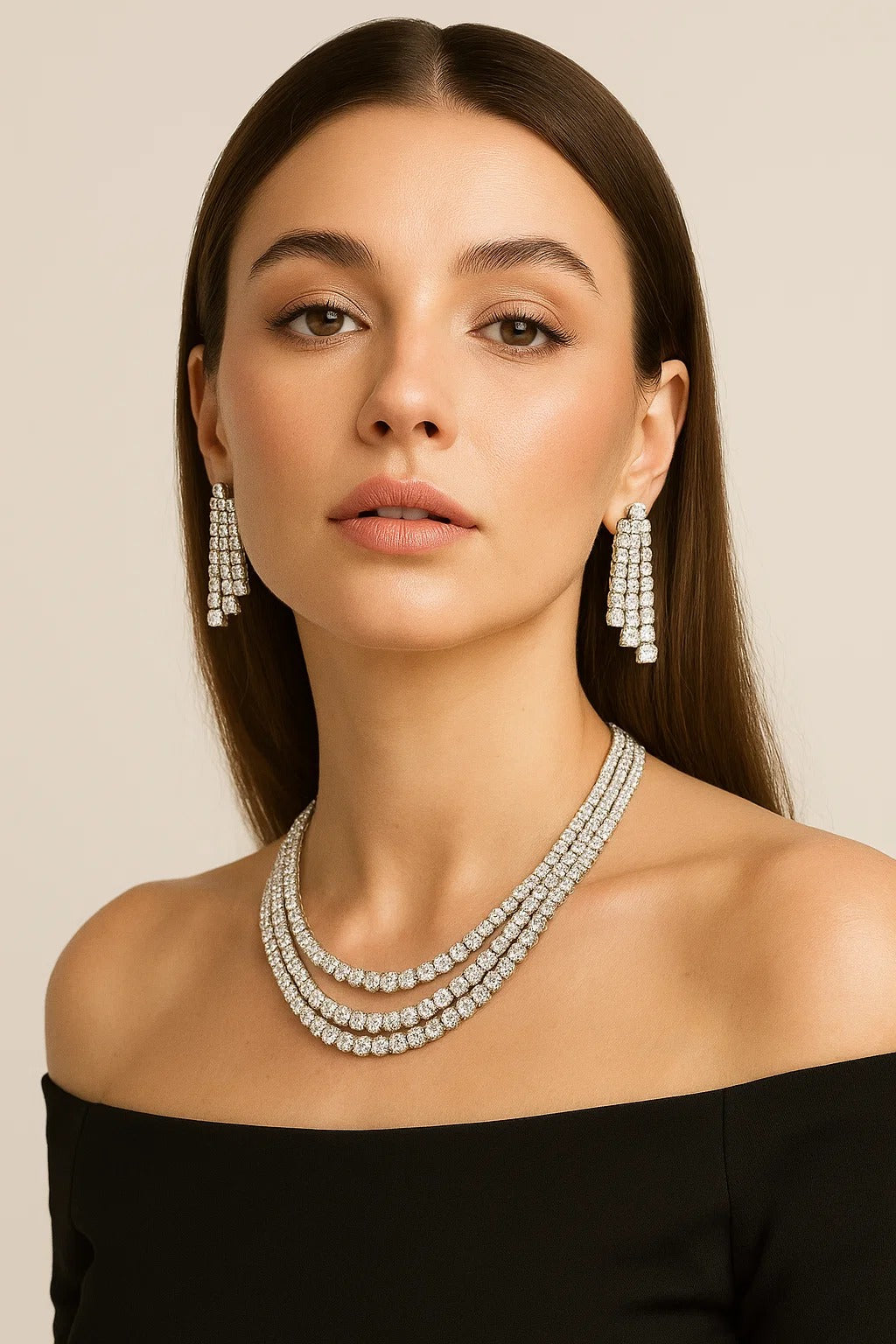 Triple Layer Diamond Look Necklace Set