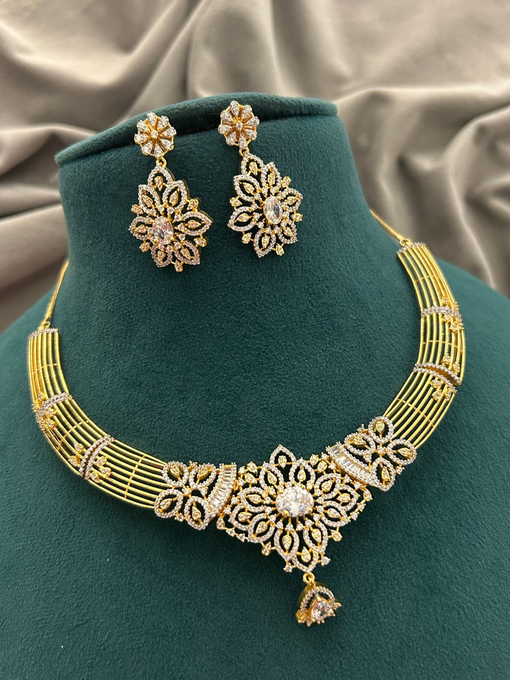 Golden Floral Diamond Look Choker Necklace Set