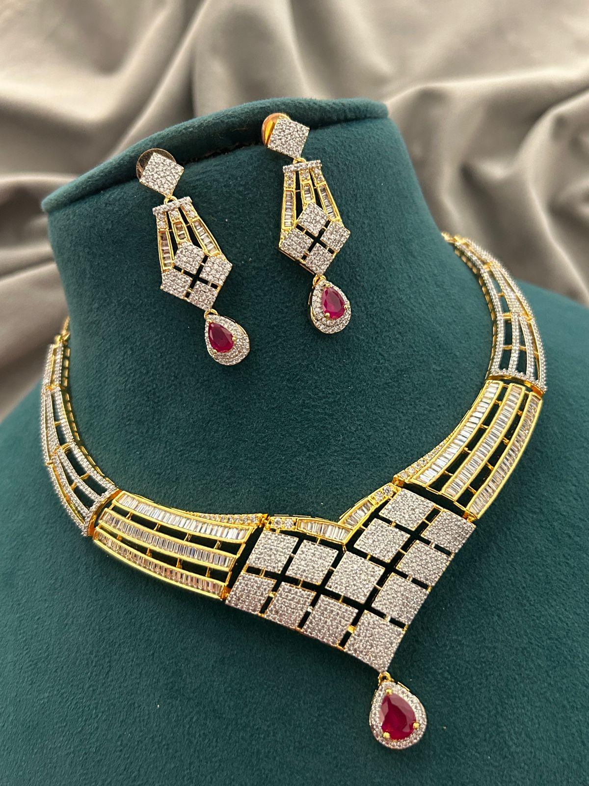 Ruby Drop Diamond Look Necklace Set