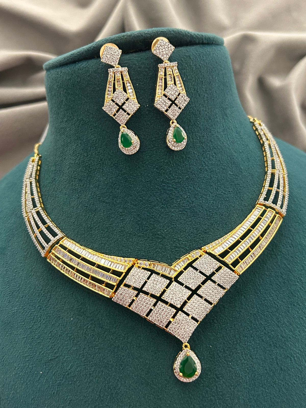 Emerald Drop Diamond Look Necklace Set