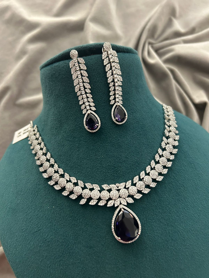 Navy Blue Drop Diamond Look Necklace Set
