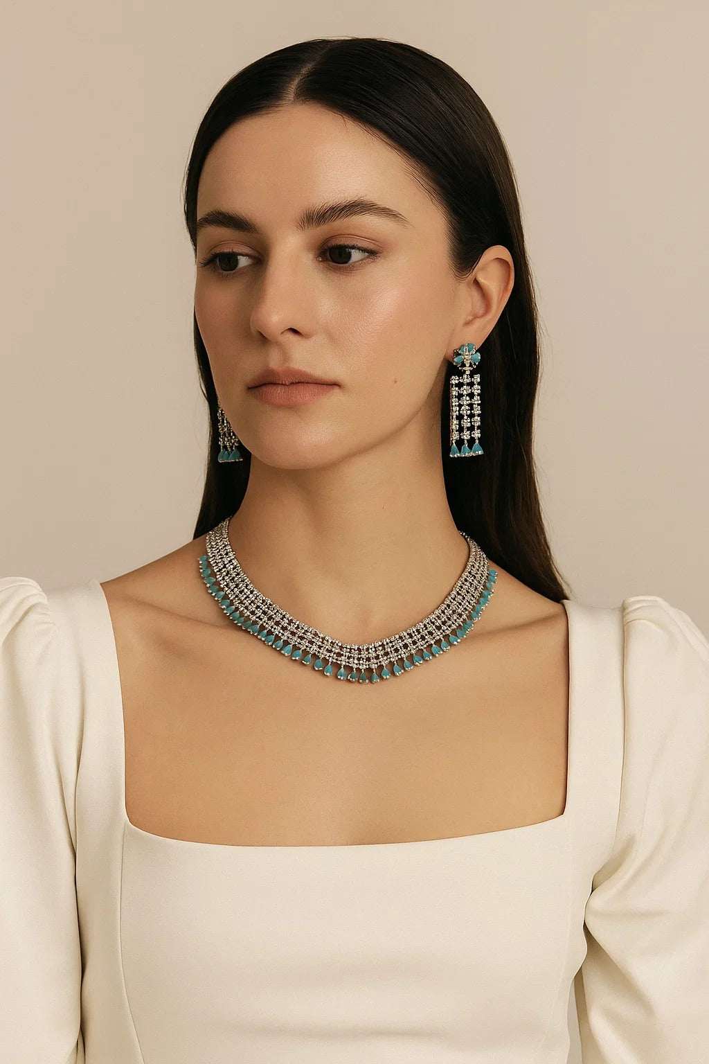 Aqua Bloom Diamond Look Necklace Set