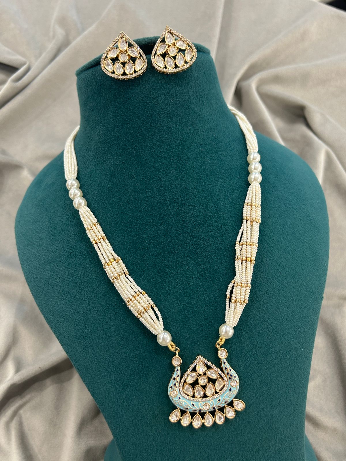 Mint Meenakari Kundan Necklace with Pearl Beads