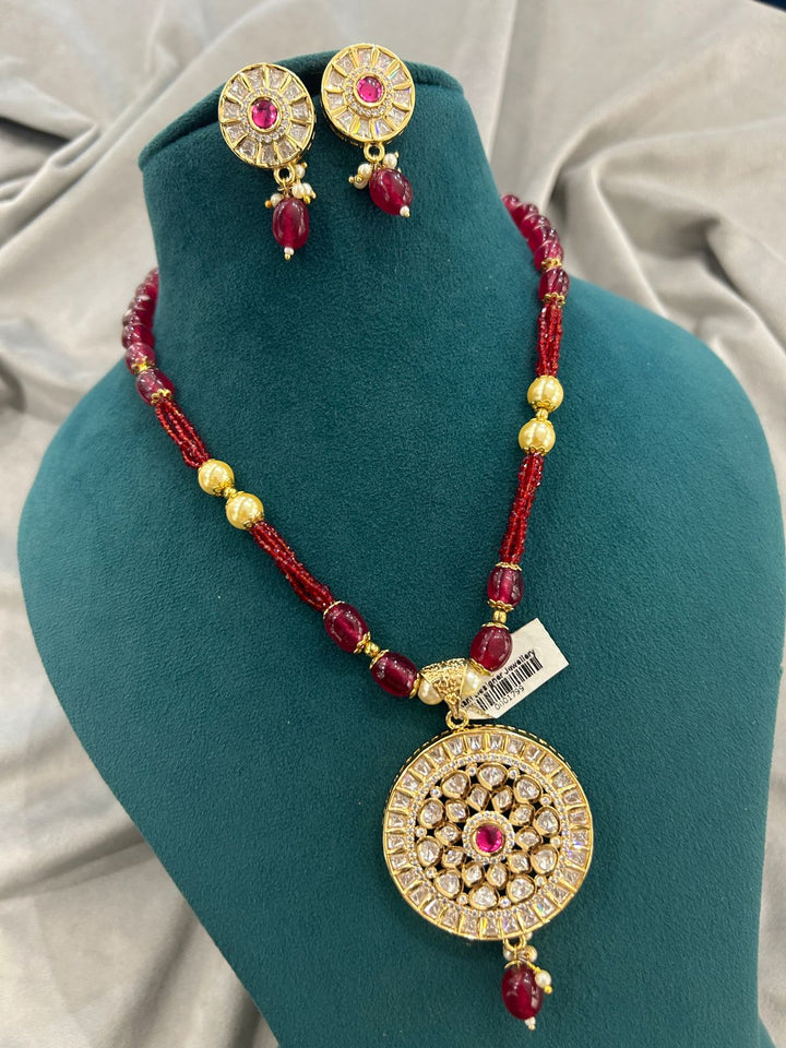 Ruby Kundan Round Pendant Necklace with Gold Beads