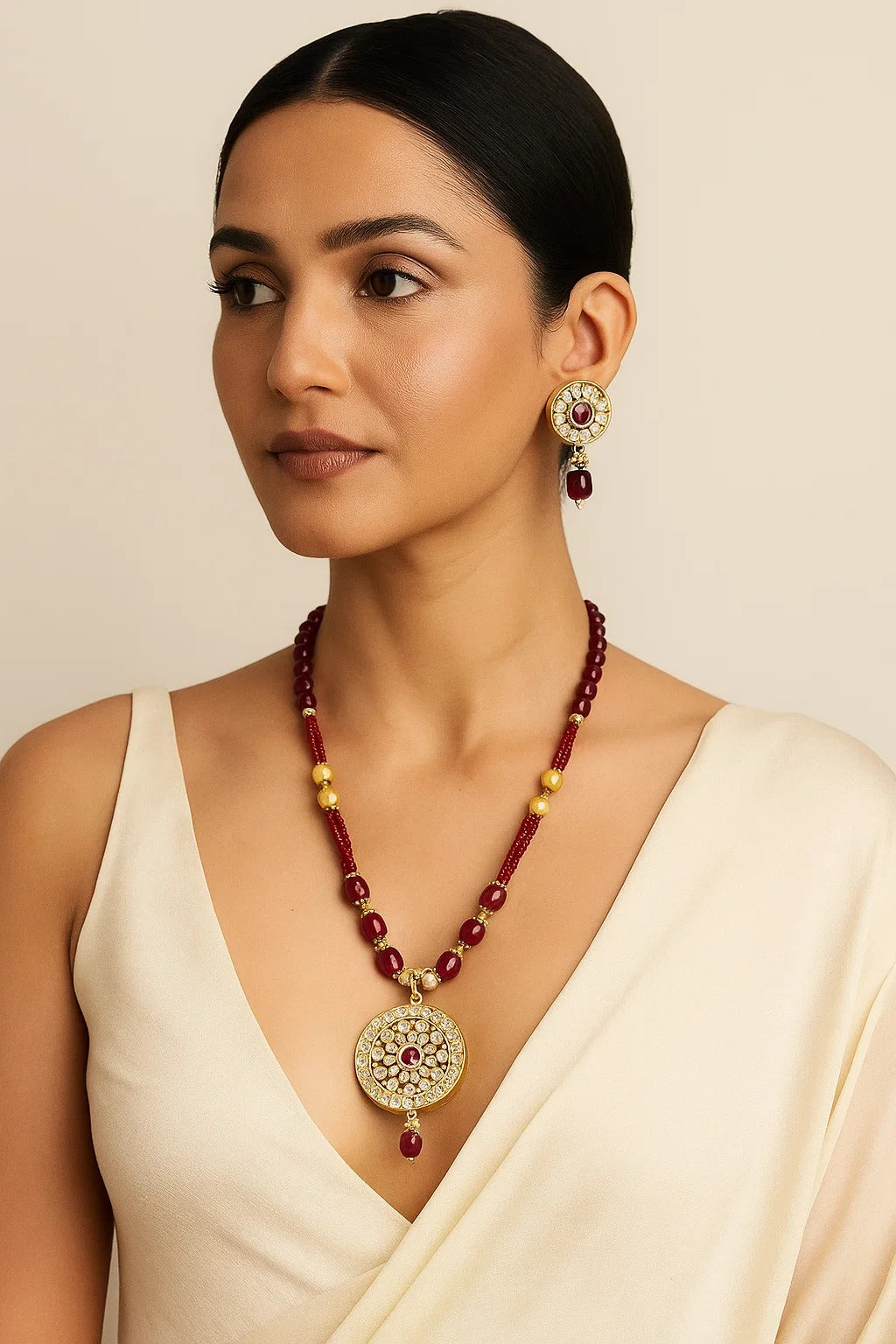 Ruby Kundan Round Pendant Necklace with Gold Beads