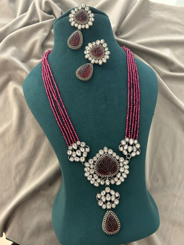 Royal Maroon Carved Stone Kundan Necklace Set