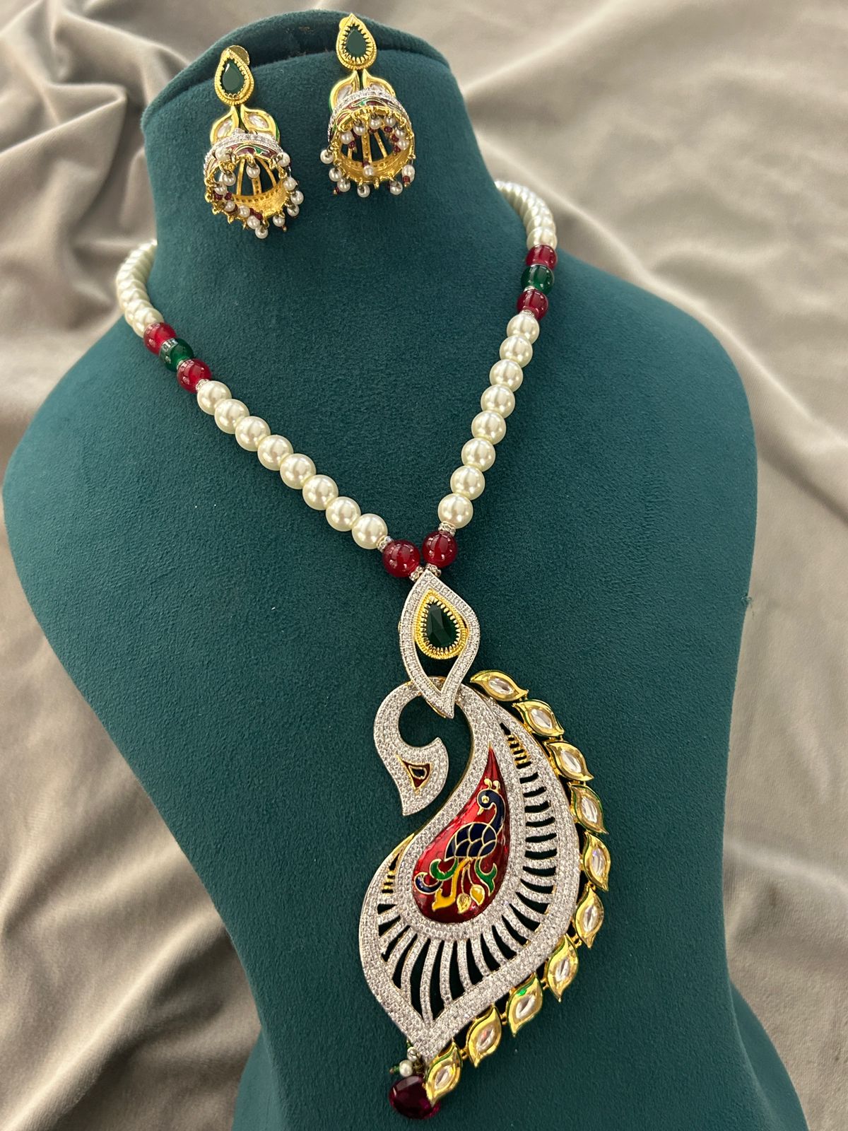 Peacock Design Enamel Pendant Necklace with Pearl Beads