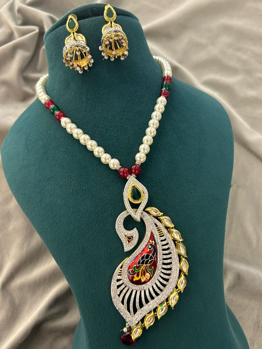 Peacock Design Enamel Pendant Necklace with Pearl Beads
