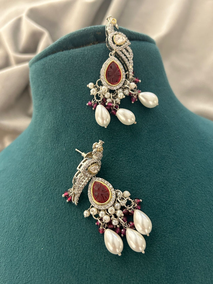 Maroon Peacock Pearl Necklace Set