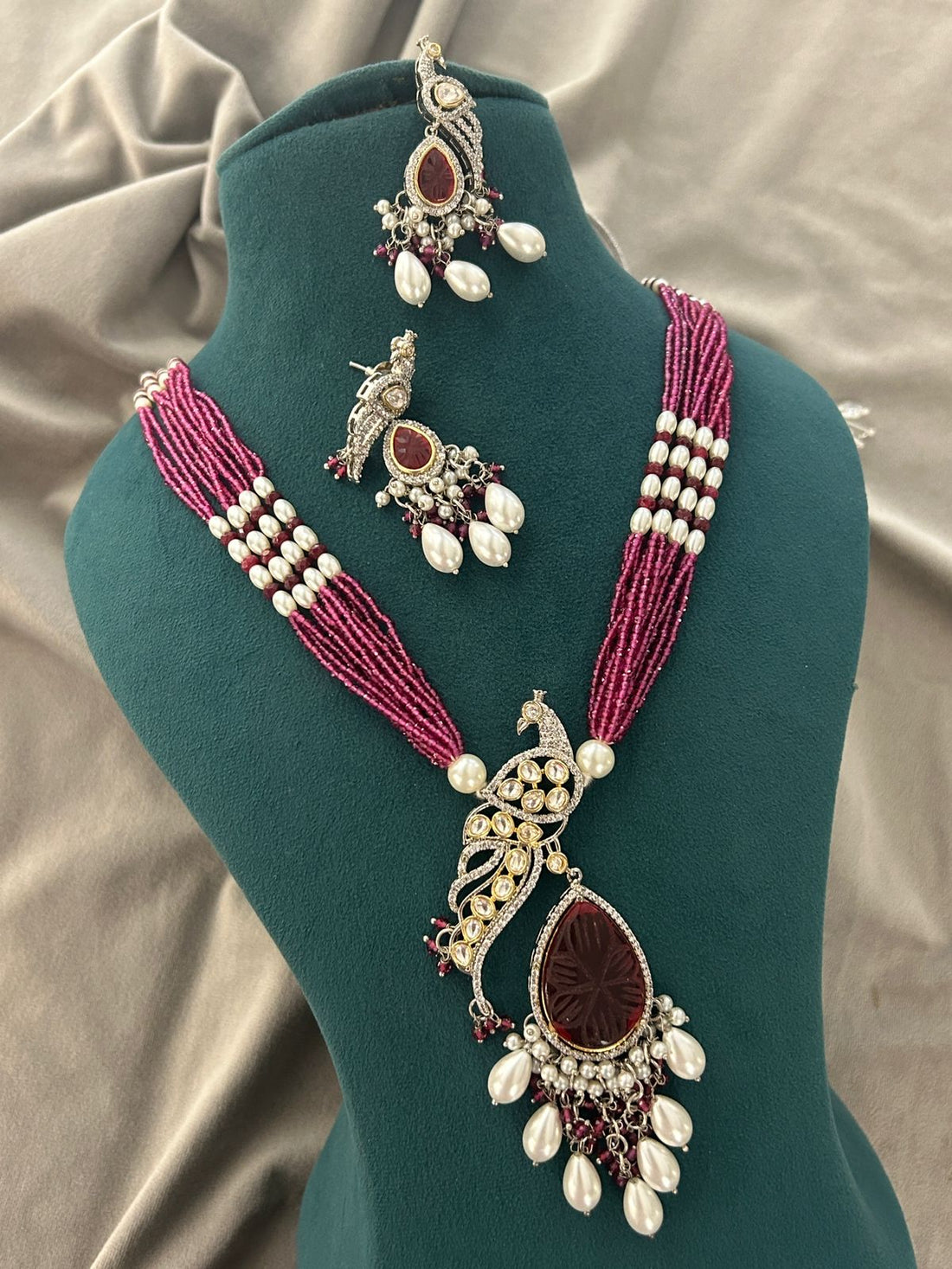 Maroon Peacock Pearl Necklace Set