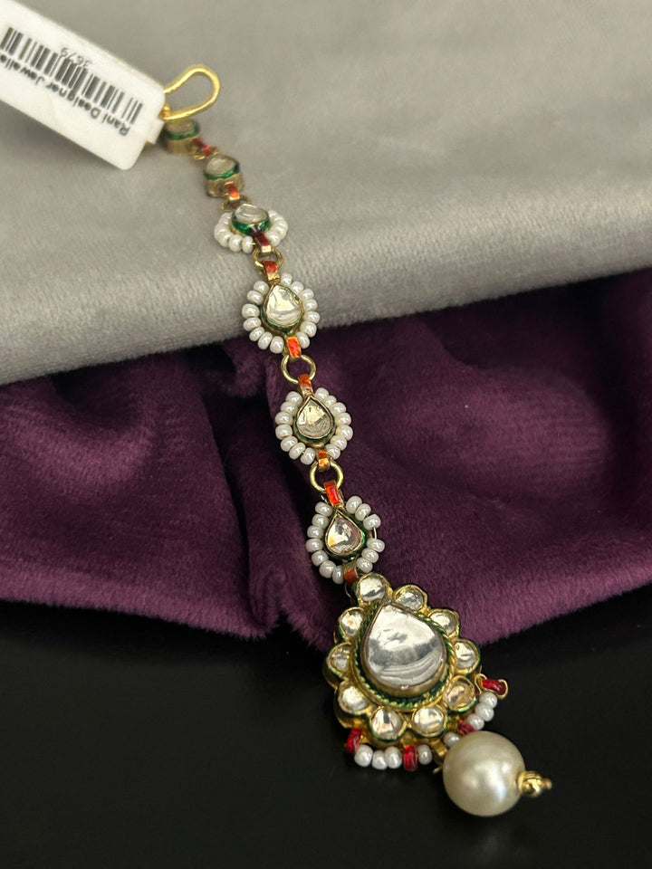 Traditional Kundan Pearl Maang Tikka with Enamel Detailing