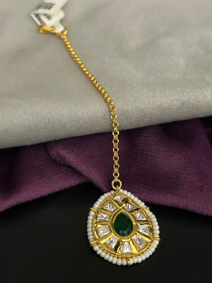 Green Stone Kundan Maang Tikka with Pearl Border