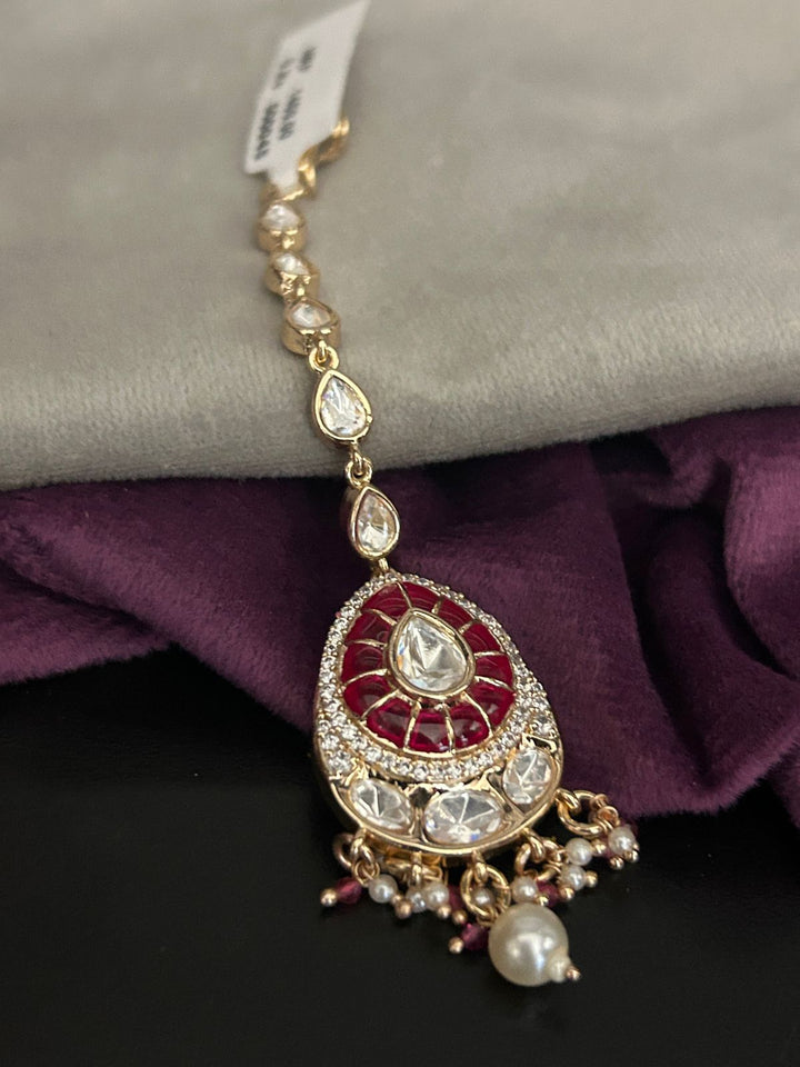 Red Kundan Teardrop Maang Tikka with Pearl Danglers