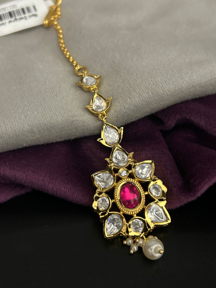 Ruby Center Kundan Maang Tikka with Pearl Drop