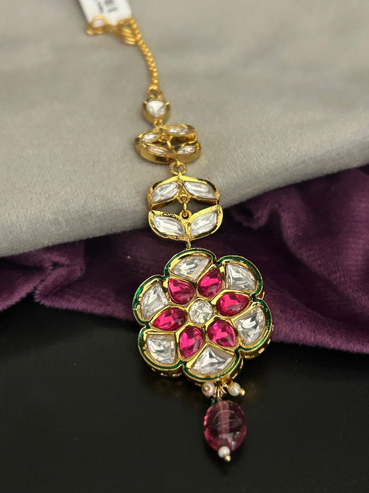 Ruby Floral Kundan Maang Tikka with Beaded Drop