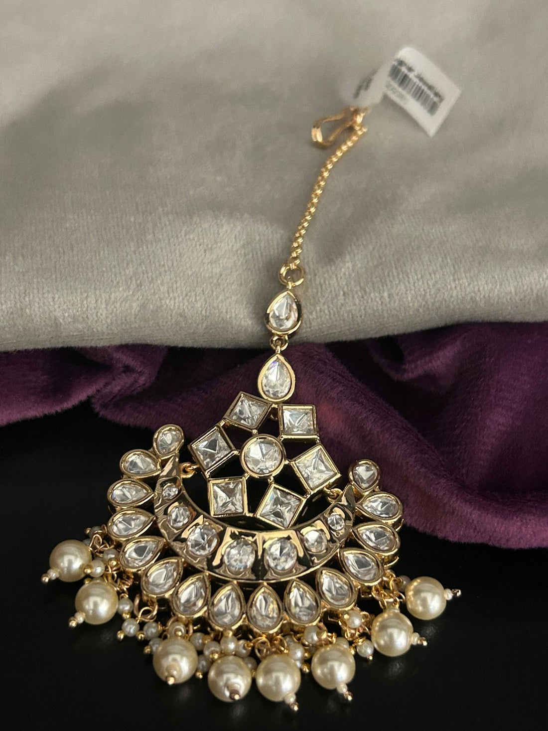 Royal Kundan Crescent Maang Tikka with Pearl Drops