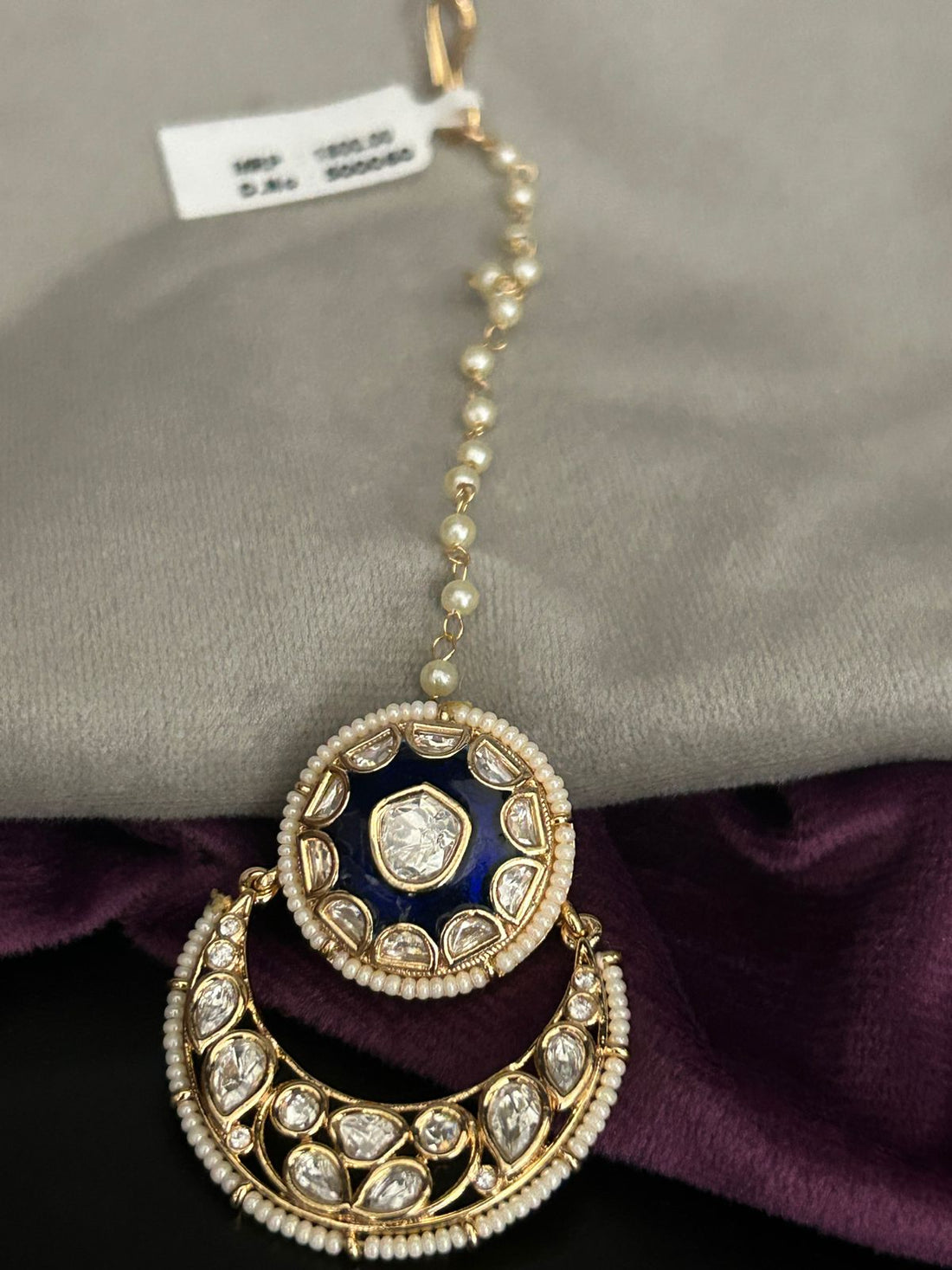 Blue Enamel Kundan Crescent Maang Tikka with Pearl Detailing