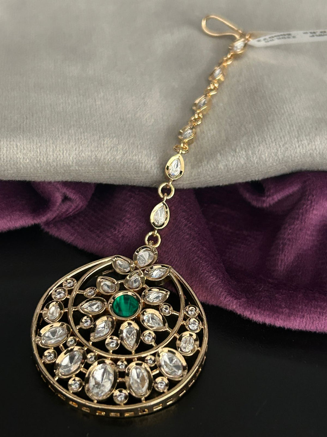 Green Stone Kundan Maang Tikka with Gold Finish
