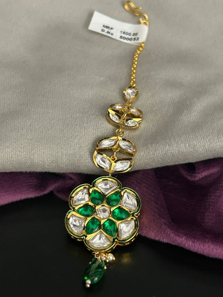 Green Kundan Floral Maang Tikka with Gold Finish