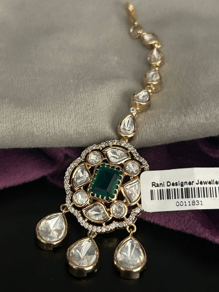 Emerald Green Square Kundan Maang Tikka with Gold Finish