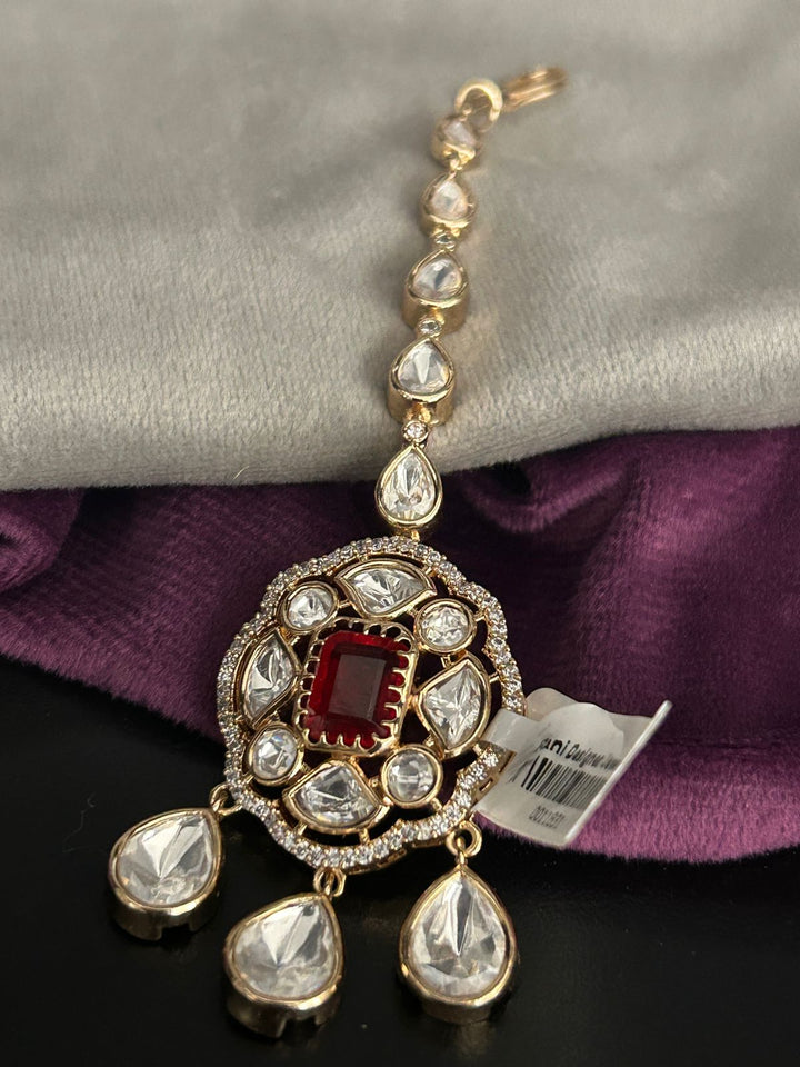 Royal Ruby Red Kundan Maang Tikka with White Stones