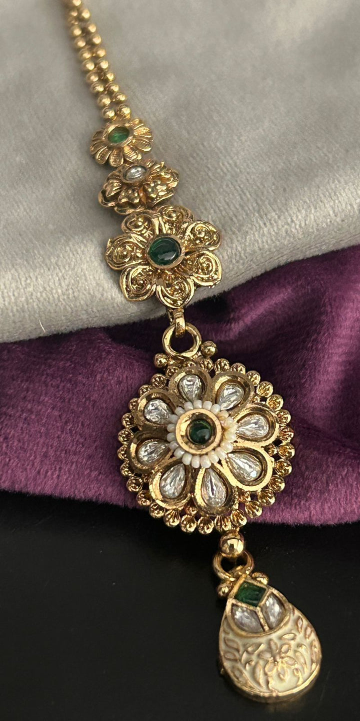 Antique Gold Green Kundan Maang Tikka with Floral Design