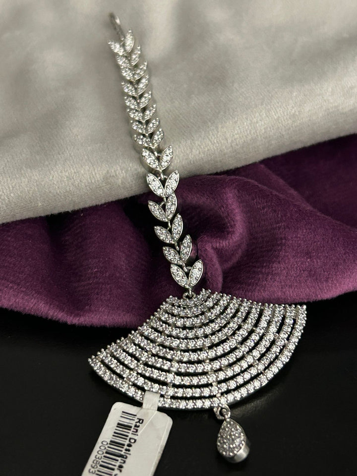 Silver Diamond Look Maang Tikka with Leaf Chain Design