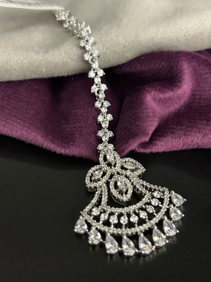 Elegant Diamond Look Maang Tikka with Leaf & Drop Design