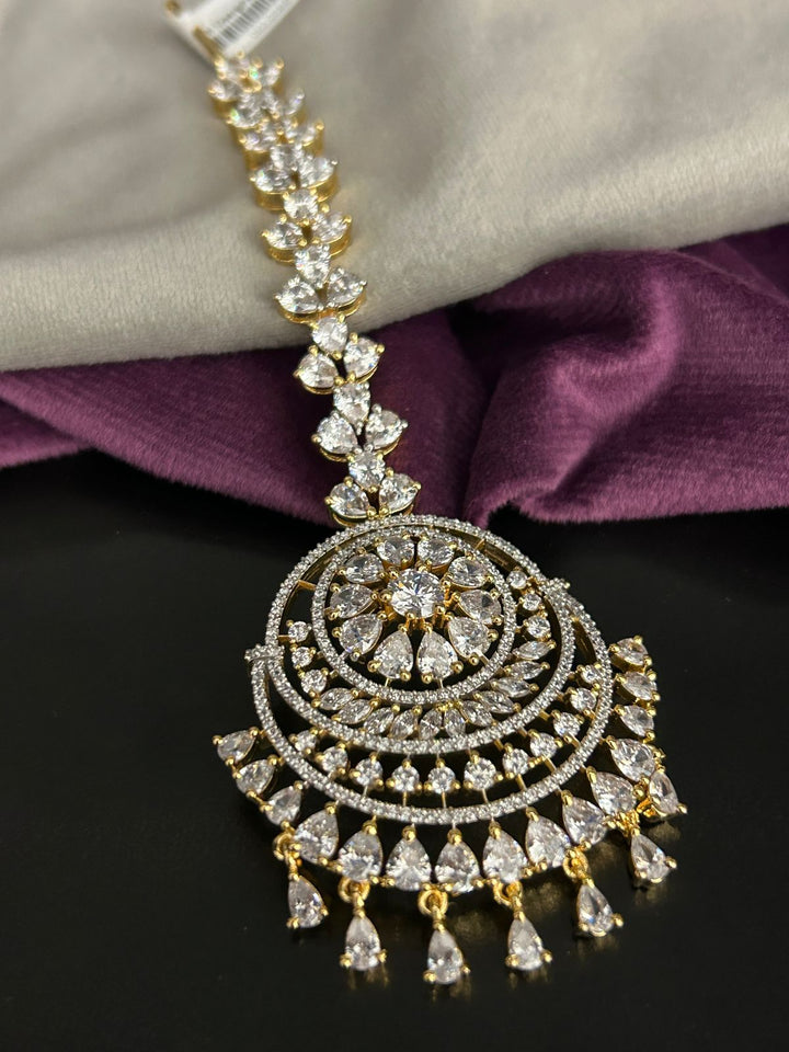 Grand Diamond Look Round Maang Tikka with Layered Stone Design