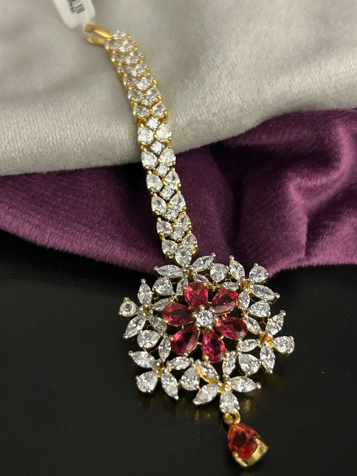 Ruby Diamond Look Floral Maang Tikka with Golden Finish