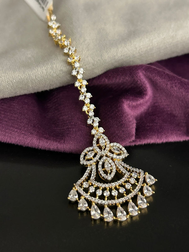 Golden Diamond Look Maang Tikka with Layered Drop Design