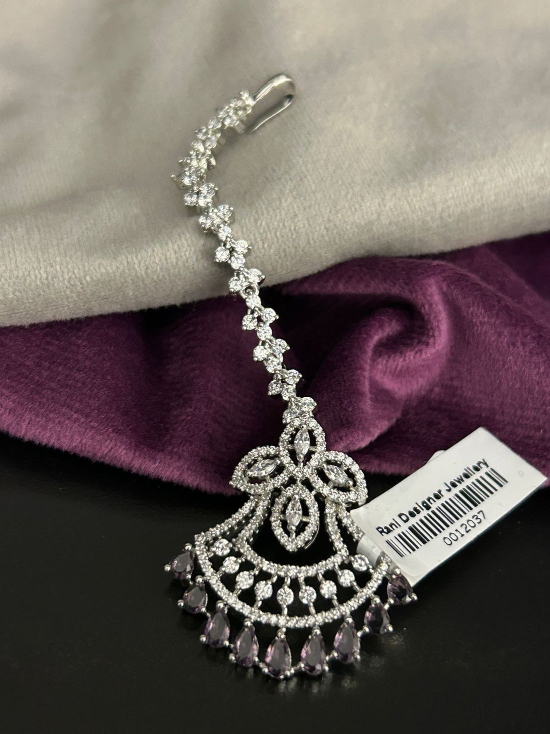 Silver Diamond Look Maang Tikka with Lavender Stone Drops