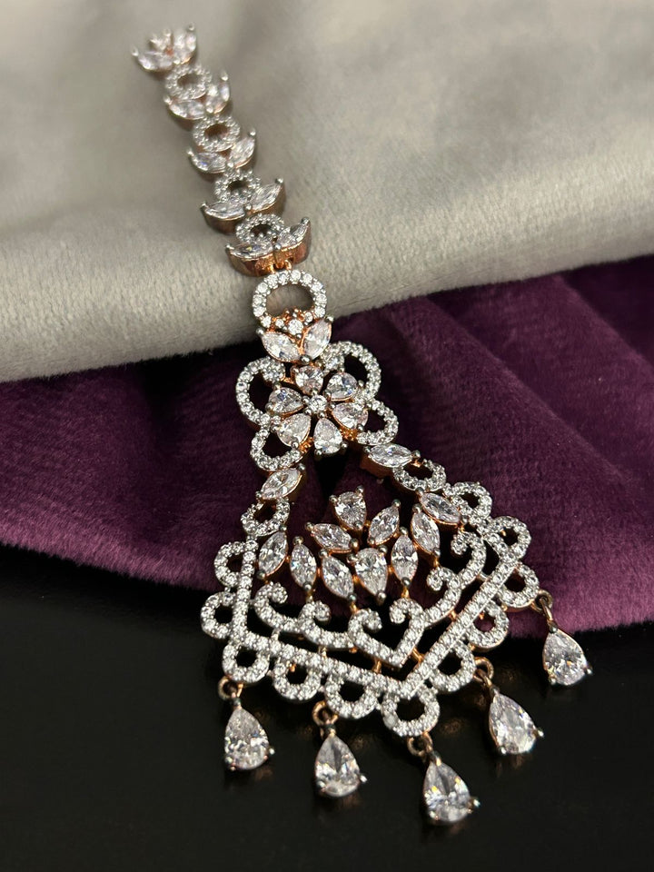 Rose Gold Diamond Look Maang Tikka with Intricate Leaf Pattern