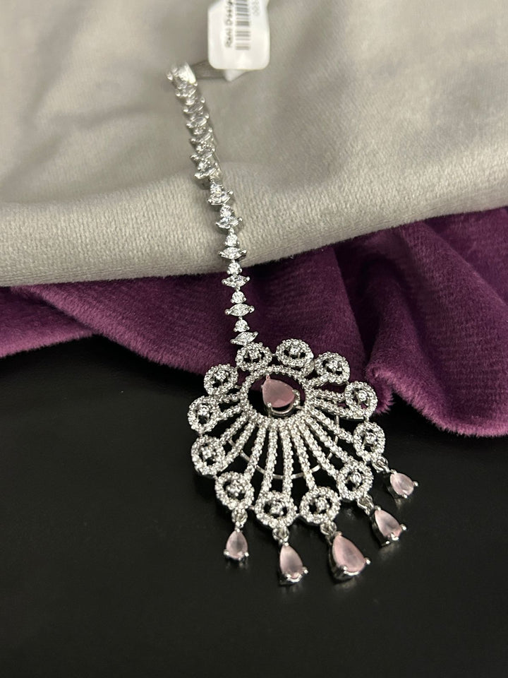 Silver Diamond Look Maang Tikka with Pink Stone Accents