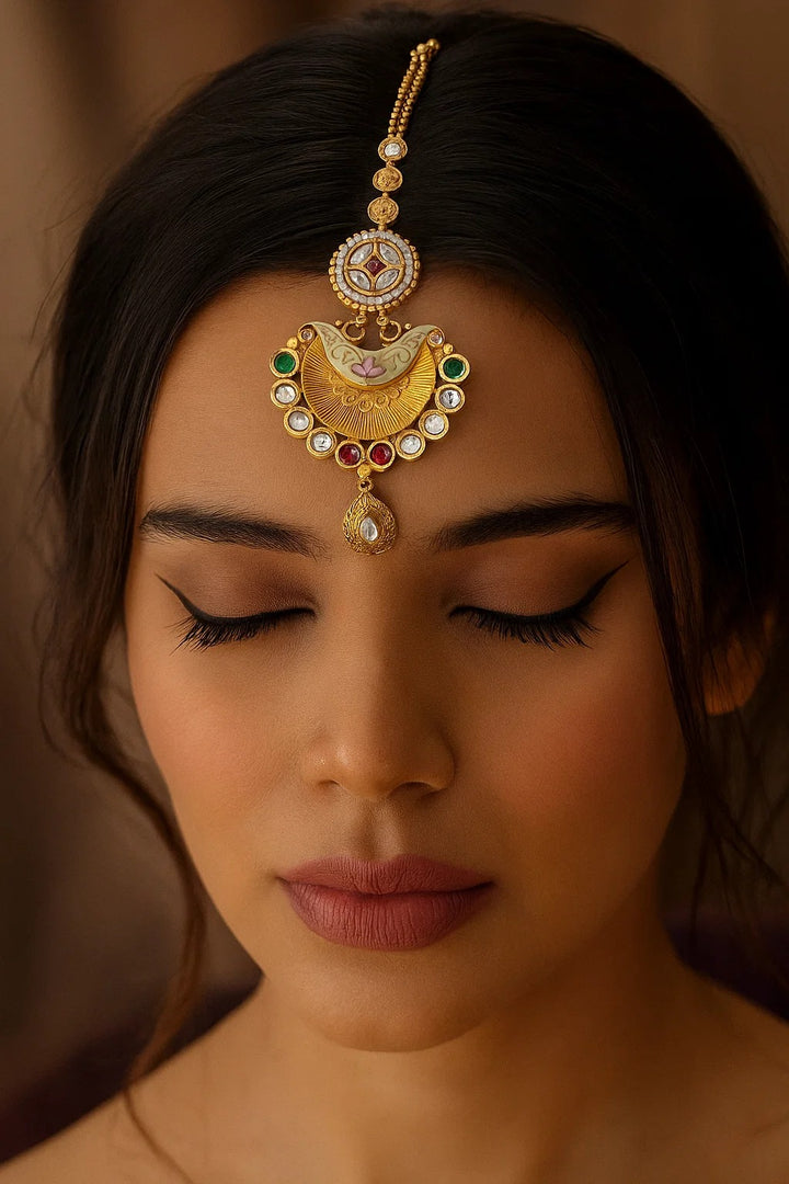 Handcrafted Meenakari Gold Kundan Maang Tikka with Ruby and Green Detailing