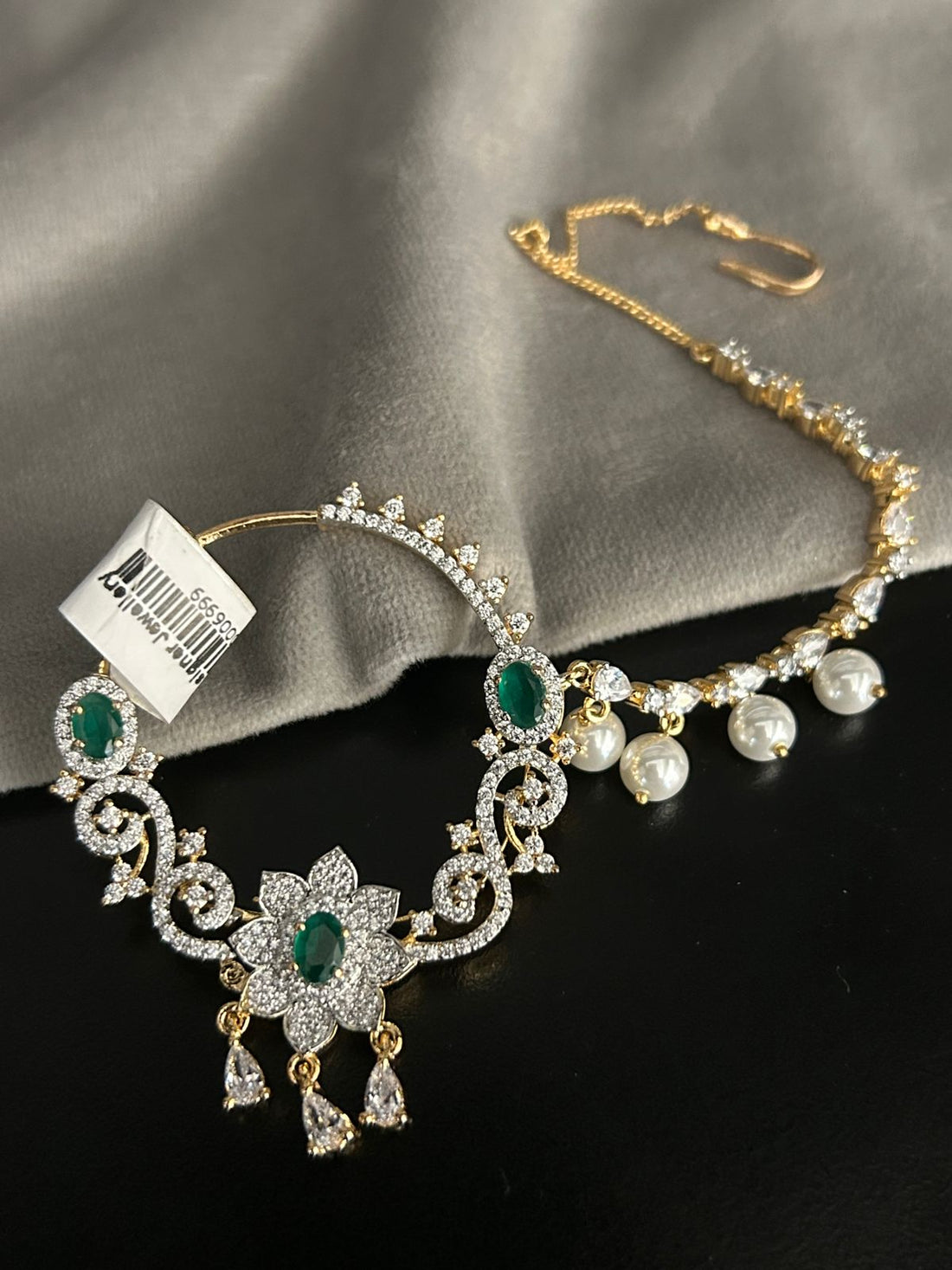 Diamond Look Maang Tikka with Emerald Green Stones and Pearl Drops