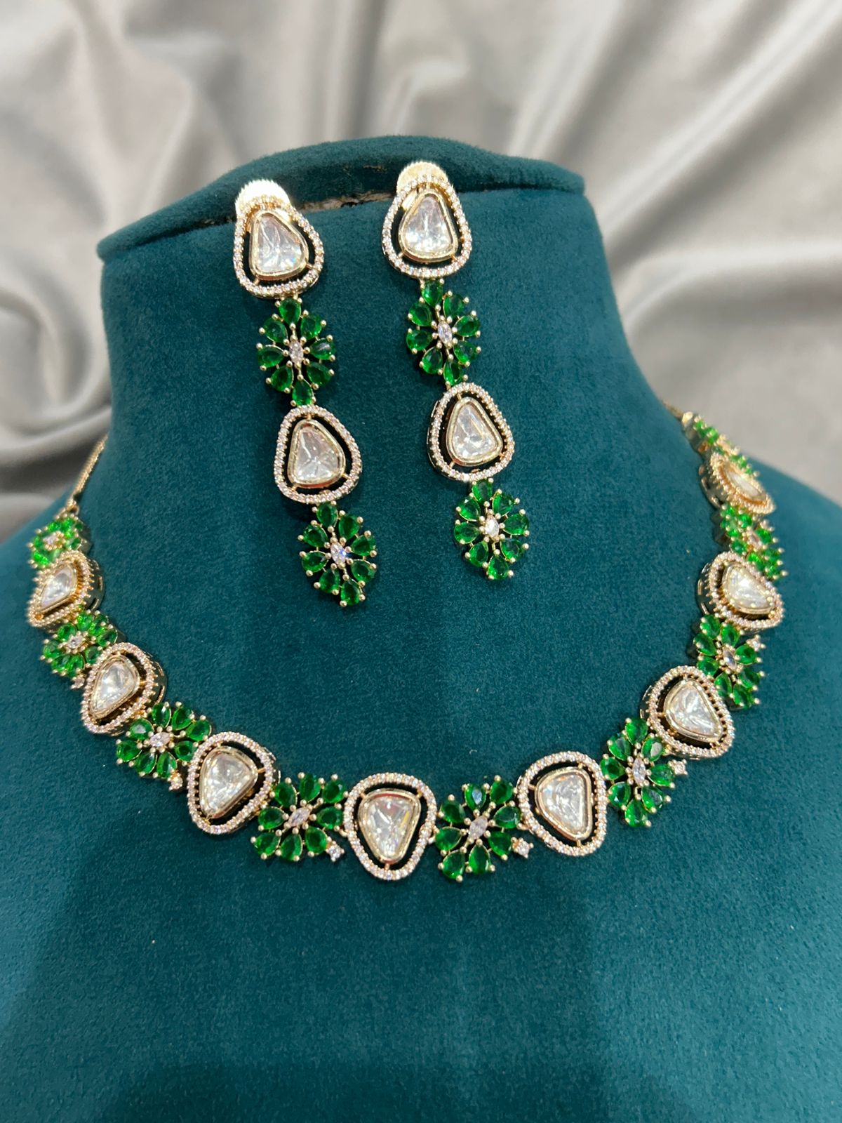 Emerald Green Kundan Necklace Set with Earrings – Gold Finish