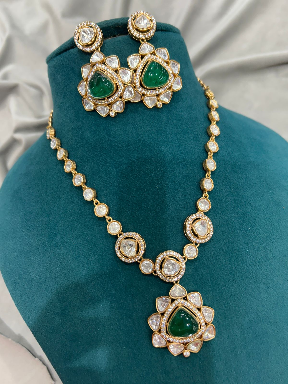Emerald Green Kundan Necklace Set with Earrings – Gold Plated Finish